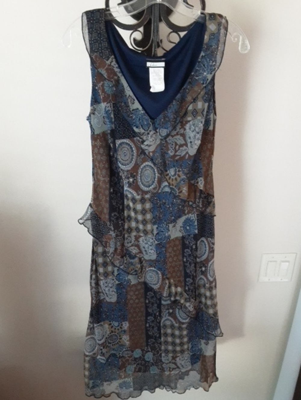 Sleeveless Patchwork Print Maxi Dress in Blue and Brown